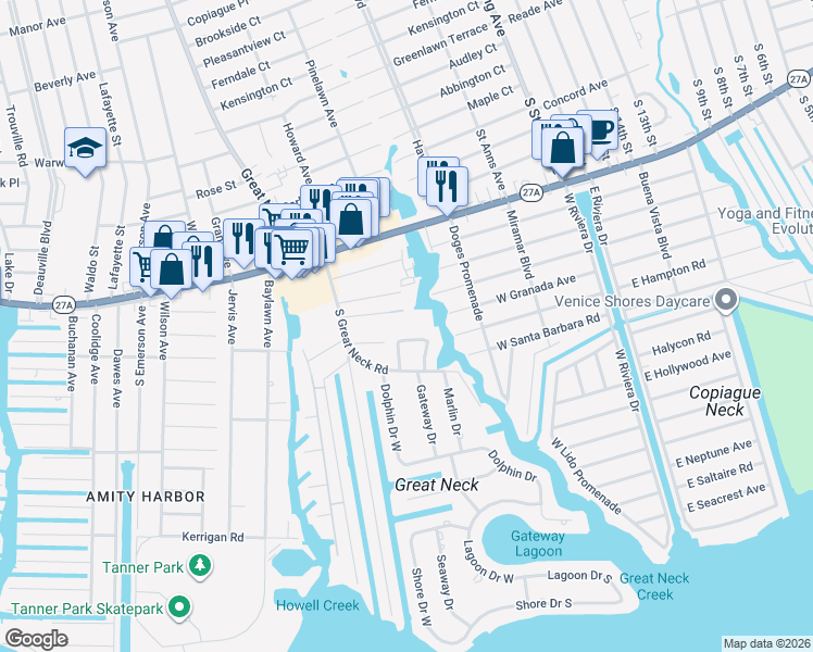 map of restaurants, bars, coffee shops, grocery stores, and more near 8 Manor Lane in Copiague