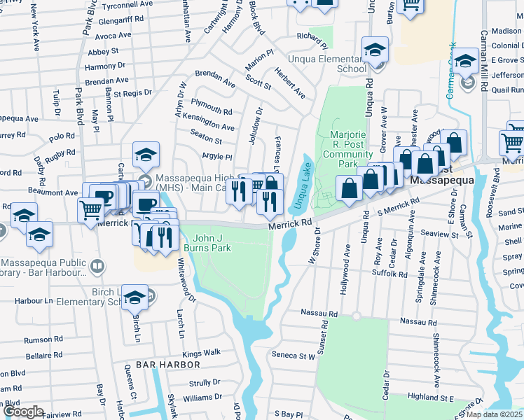 map of restaurants, bars, coffee shops, grocery stores, and more near 5155 Merrick Road in Massapequa Park