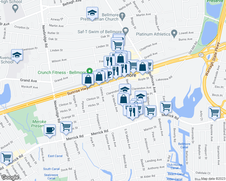 map of restaurants, bars, coffee shops, grocery stores, and more near 2643 Clarendon Avenue in Bellmore