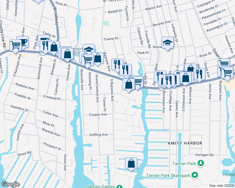 map of restaurants, bars, coffee shops, grocery stores, and more near 17 Harbor South in Amityville