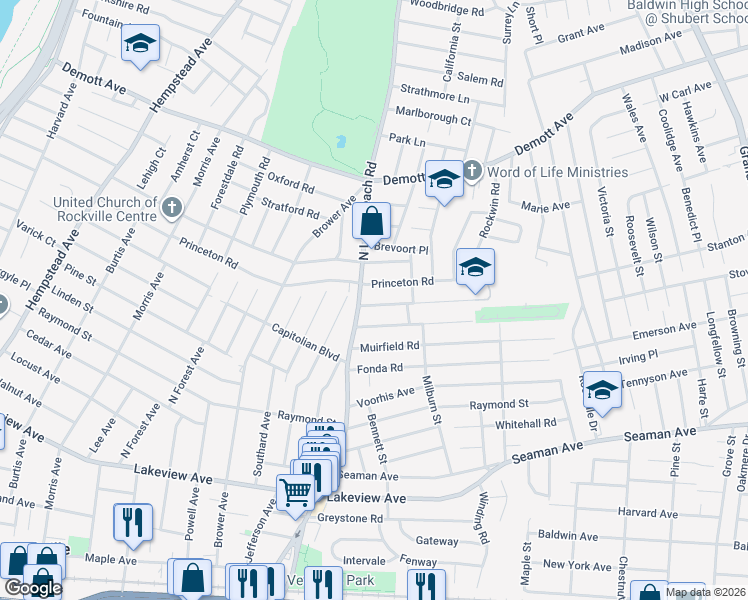 map of restaurants, bars, coffee shops, grocery stores, and more near 375 North Long Beach Road in Rockville Centre