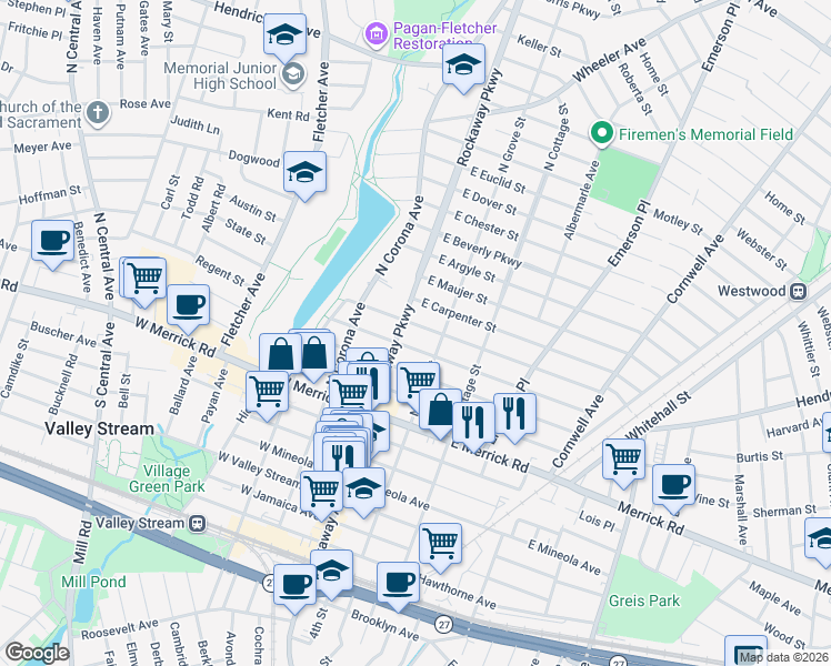 map of restaurants, bars, coffee shops, grocery stores, and more near 16 East Melrose Street in Valley Stream