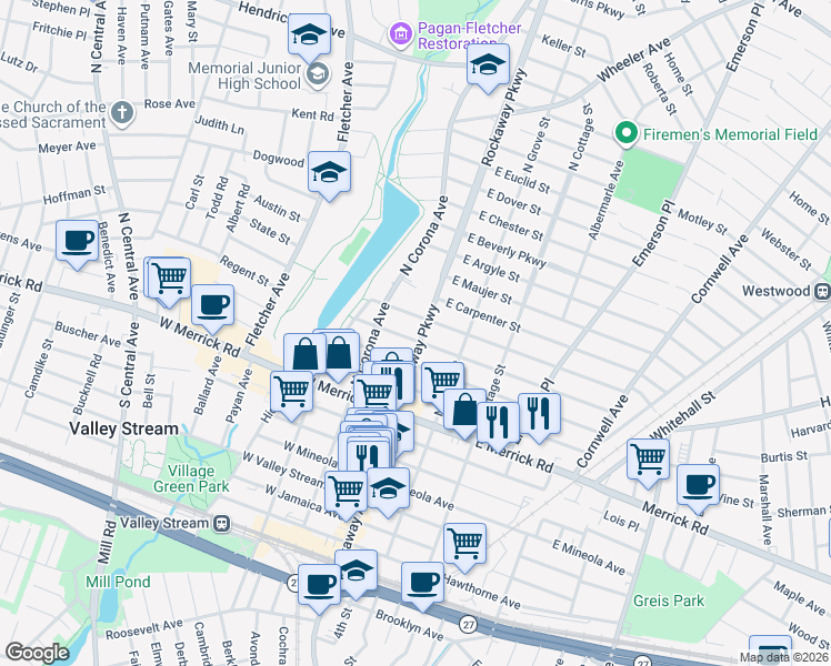 map of restaurants, bars, coffee shops, grocery stores, and more near 16 East Melrose Street in Valley Stream