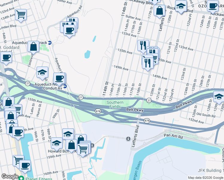 map of restaurants, bars, coffee shops, grocery stores, and more near 150-47 114th Place in Queens
