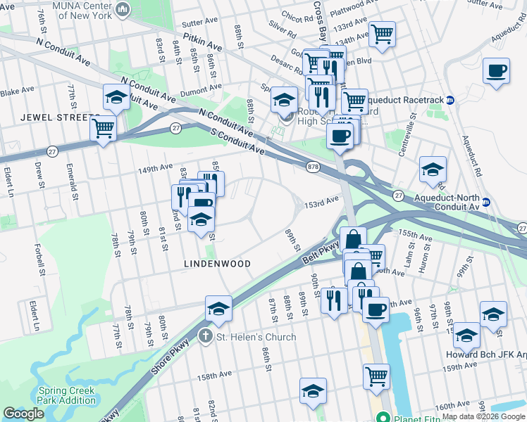 map of restaurants, bars, coffee shops, grocery stores, and more near 25 155th Avenue in Queens