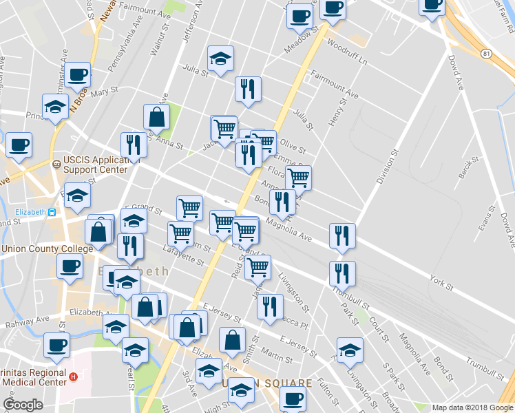 map of restaurants, bars, coffee shops, grocery stores, and more near 217 Spring Street in Elizabeth