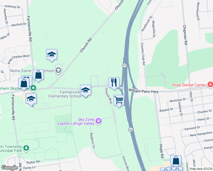 map of restaurants, bars, coffee shops, grocery stores, and more near 3092 Emrick Boulevard in Bethlehem