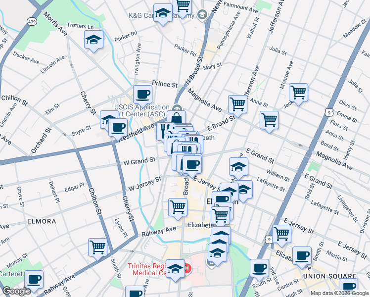 map of restaurants, bars, coffee shops, grocery stores, and more near 225 Broad Street in Elizabeth