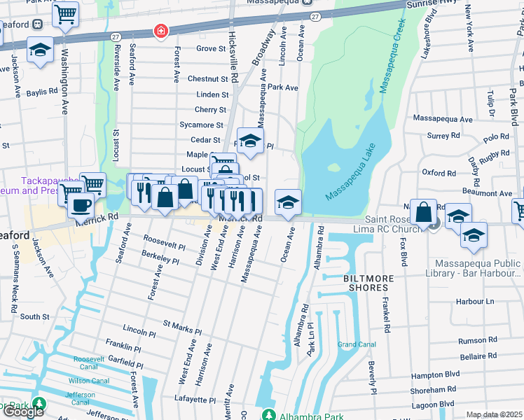 map of restaurants, bars, coffee shops, grocery stores, and more near 4350 Merrick Road in Massapequa