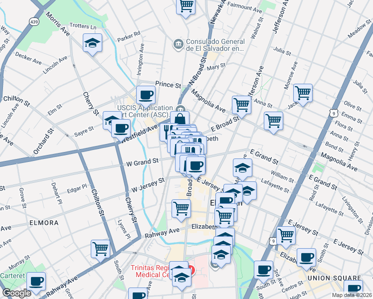 map of restaurants, bars, coffee shops, grocery stores, and more near 142 Broad Street in Elizabeth
