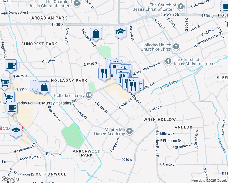 map of restaurants, bars, coffee shops, grocery stores, and more near 2270 East Murray Holladay Road in Holladay