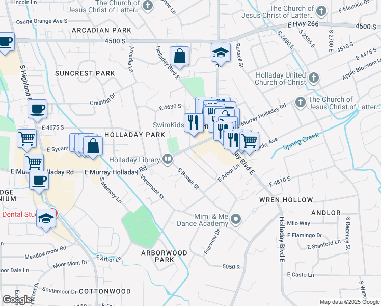 map of restaurants, bars, coffee shops, grocery stores, and more near 2220 East Murray Holladay Road in Holladay
