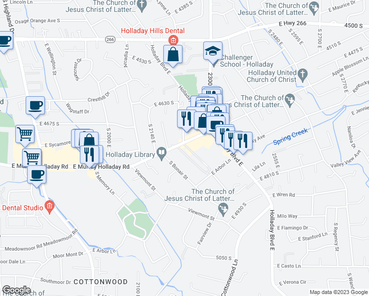 map of restaurants, bars, coffee shops, grocery stores, and more near 2220 East Murray Holladay Road in Holladay