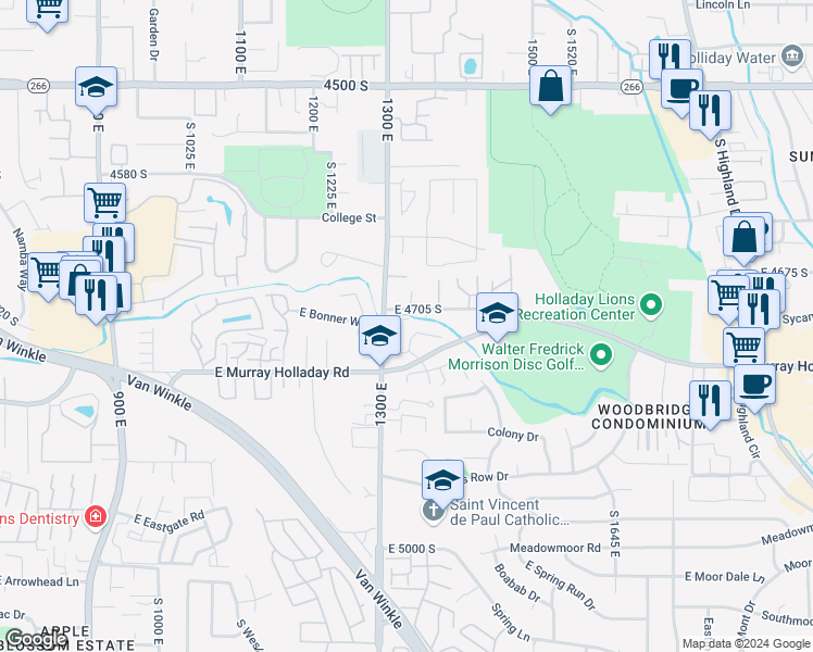 map of restaurants, bars, coffee shops, grocery stores, and more near 1341 East 4750 South in Salt Lake City