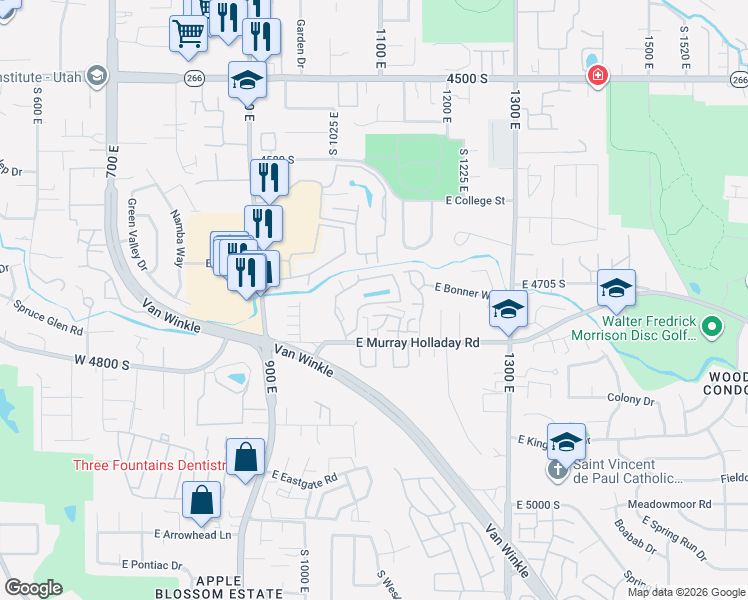 map of restaurants, bars, coffee shops, grocery stores, and more near 1111 Brigadoon Court in Millcreek