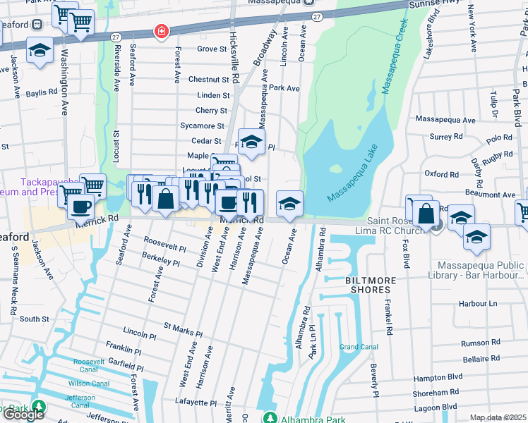 map of restaurants, bars, coffee shops, grocery stores, and more near 4350 Merrick Road in Massapequa