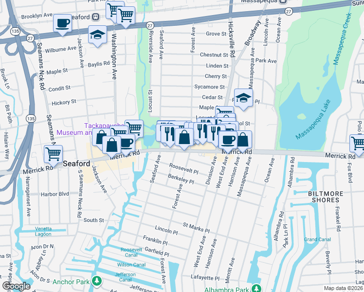 map of restaurants, bars, coffee shops, grocery stores, and more near 4160 Merrick Road in Massapequa