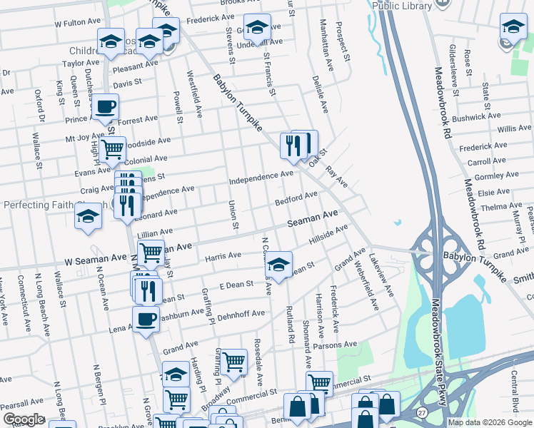 map of restaurants, bars, coffee shops, grocery stores, and more near 196 East Seaman Avenue in Freeport