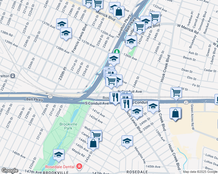 map of restaurants, bars, coffee shops, grocery stores, and more near 241-35 North Conduit Avenue in Queens