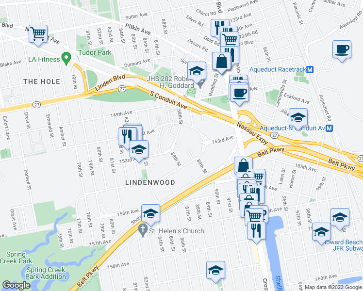 map of restaurants, bars, coffee shops, grocery stores, and more near 8825 155th Avenue in Queens