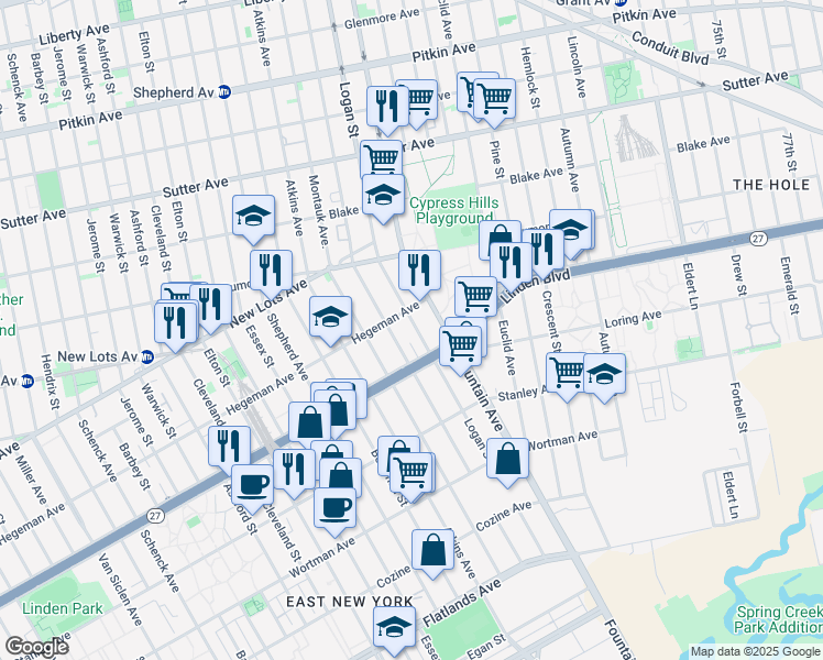 map of restaurants, bars, coffee shops, grocery stores, and more near 523 Milford Street in Brooklyn