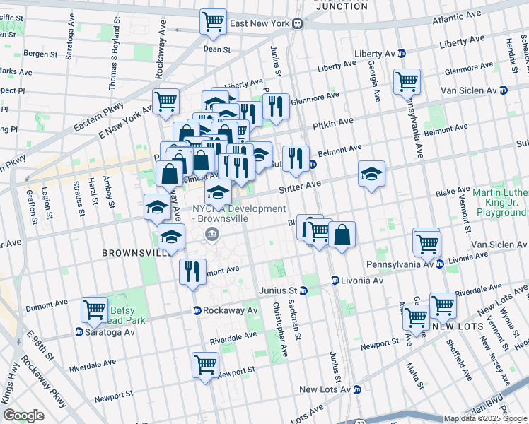 map of restaurants, bars, coffee shops, grocery stores, and more near 374 Blake Avenue in Brooklyn