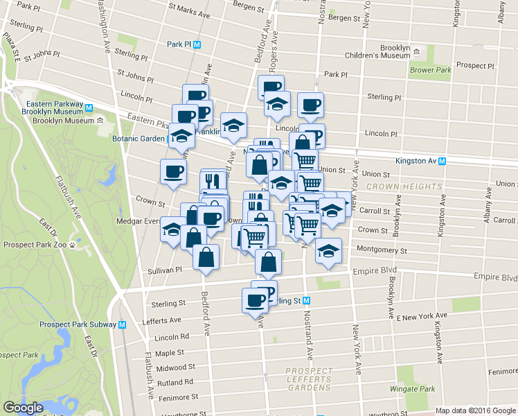 map of restaurants, bars, coffee shops, grocery stores, and more near 188 Crown Street in Brooklyn