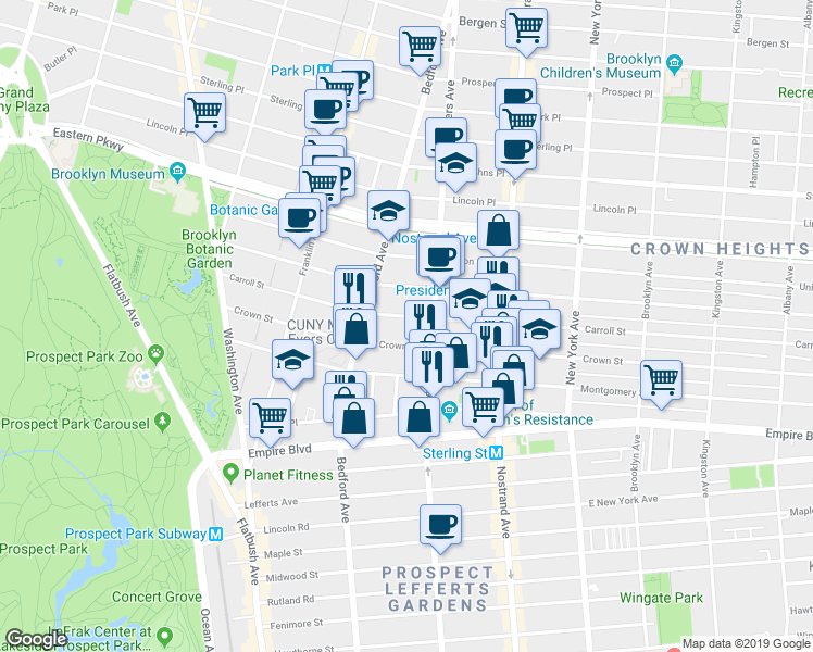 map of restaurants, bars, coffee shops, grocery stores, and more near 188 Crown Street in Brooklyn