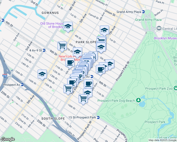 map of restaurants, bars, coffee shops, grocery stores, and more near 326 7th Avenue in Brooklyn