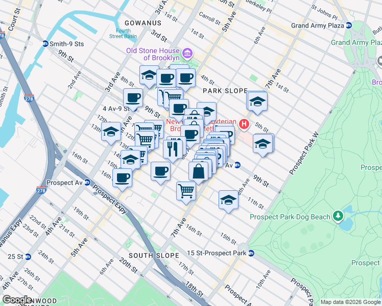 map of restaurants, bars, coffee shops, grocery stores, and more near 422 11th Street in Brooklyn