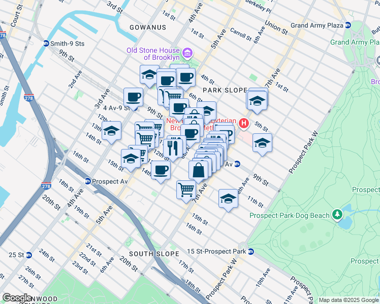 map of restaurants, bars, coffee shops, grocery stores, and more near 422 11th Street in Brooklyn