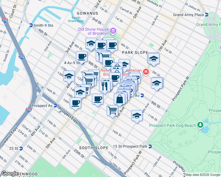 map of restaurants, bars, coffee shops, grocery stores, and more near 422 11th Street in Brooklyn