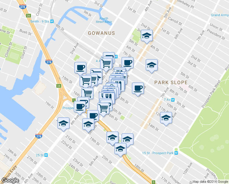map of restaurants, bars, coffee shops, grocery stores, and more near 530 5th Avenue in Brooklyn