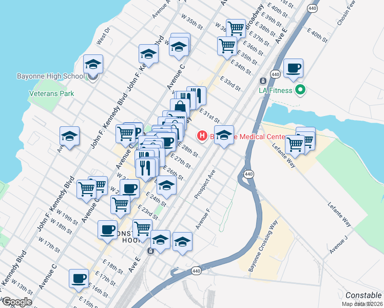 map of restaurants, bars, coffee shops, grocery stores, and more near 45 East 27th Street in Bayonne