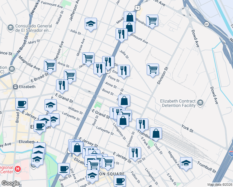 map of restaurants, bars, coffee shops, grocery stores, and more near 874 Bond Street in Elizabeth