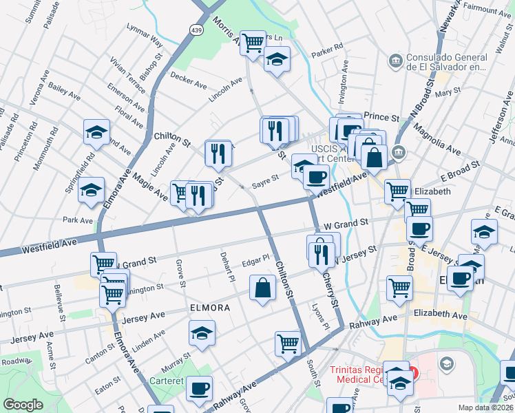 map of restaurants, bars, coffee shops, grocery stores, and more near 226 Chilton Street in Elizabeth