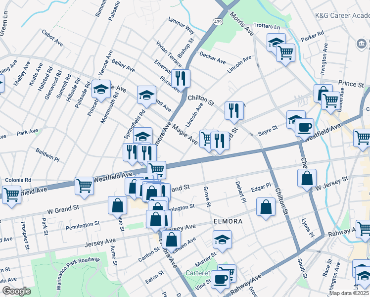 map of restaurants, bars, coffee shops, grocery stores, and more near 415 New Jersey 28 in Elizabeth