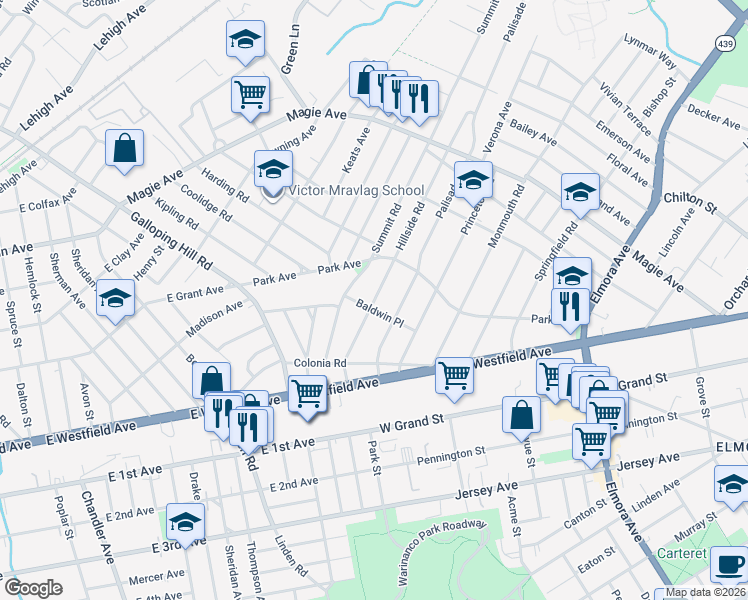 map of restaurants, bars, coffee shops, grocery stores, and more near 40 Hillside Road in Elizabeth