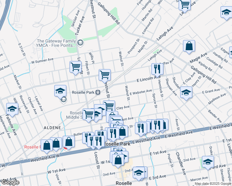 map of restaurants, bars, coffee shops, grocery stores, and more near 36 East Webster Avenue in Roselle Park