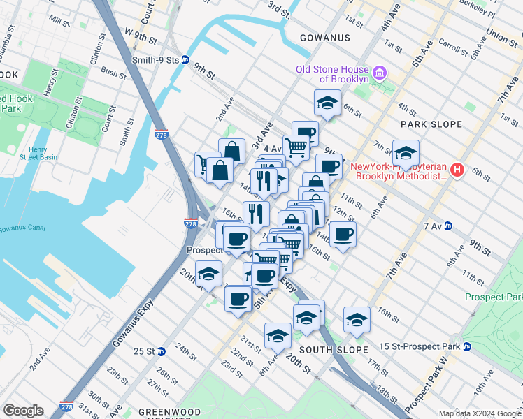 map of restaurants, bars, coffee shops, grocery stores, and more near 540 4th Avenue in Brooklyn