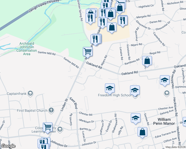 map of restaurants, bars, coffee shops, grocery stores, and more near 1823 Falcon Drive in Bethlehem