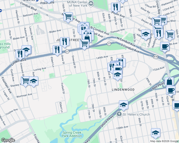 map of restaurants, bars, coffee shops, grocery stores, and more near 151-24 79th Street in Queens