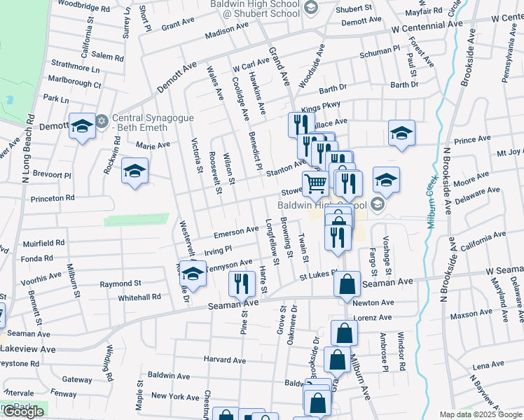map of restaurants, bars, coffee shops, grocery stores, and more near 1756 Longfellow Street in Baldwin