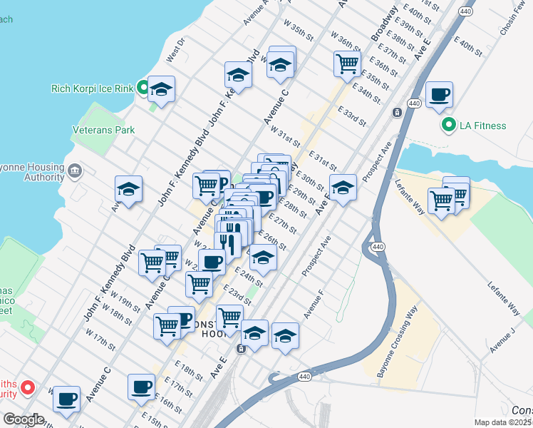 map of restaurants, bars, coffee shops, grocery stores, and more near 6 East 27th Street in Bayonne
