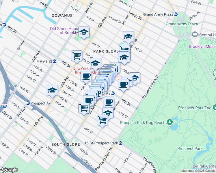 map of restaurants, bars, coffee shops, grocery stores, and more near 317 7th Avenue in Brooklyn