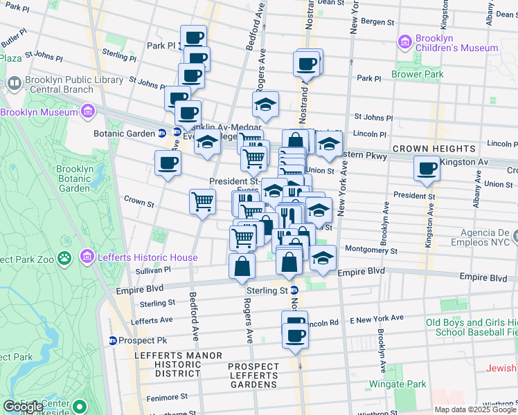 map of restaurants, bars, coffee shops, grocery stores, and more near 211 Crown Street in Brooklyn