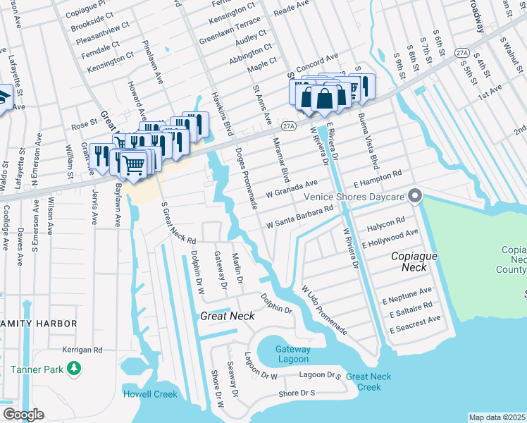 map of restaurants, bars, coffee shops, grocery stores, and more near 162 West Hampton Road in Lindenhurst
