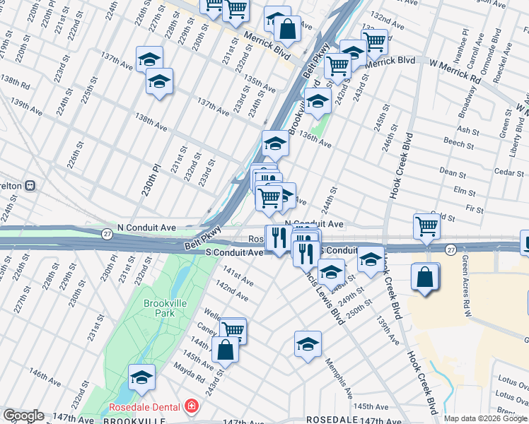 map of restaurants, bars, coffee shops, grocery stores, and more near 241-35 North Conduit Avenue in Queens