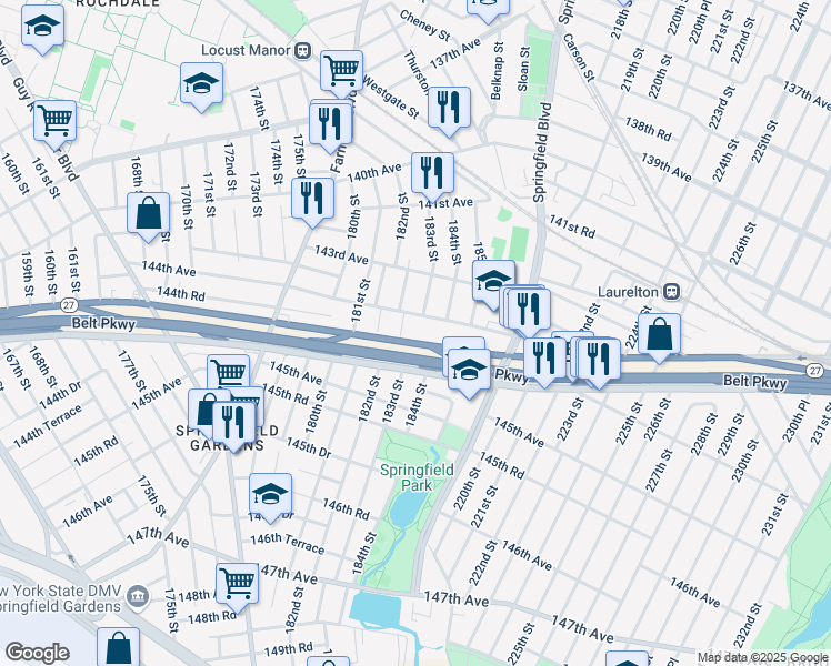 map of restaurants, bars, coffee shops, grocery stores, and more near 182-21 North Conduit Avenue in Queens