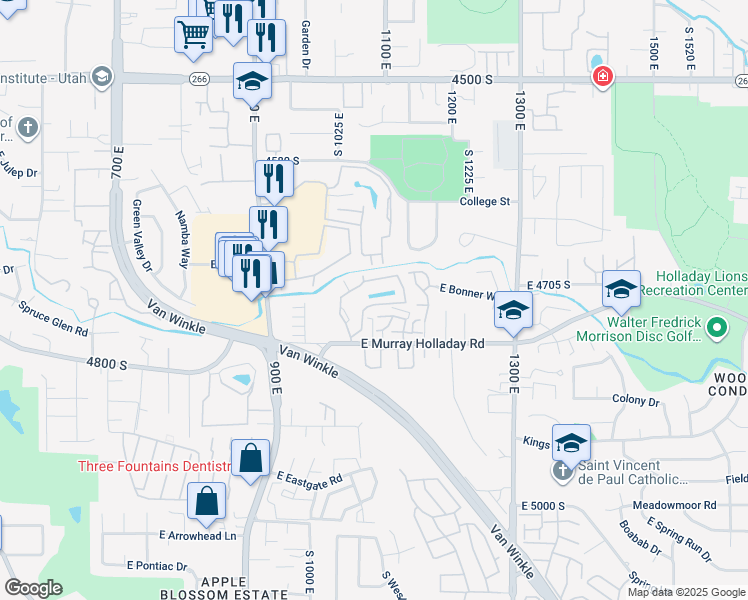 map of restaurants, bars, coffee shops, grocery stores, and more near 4738 Woodduck Lane in Millcreek